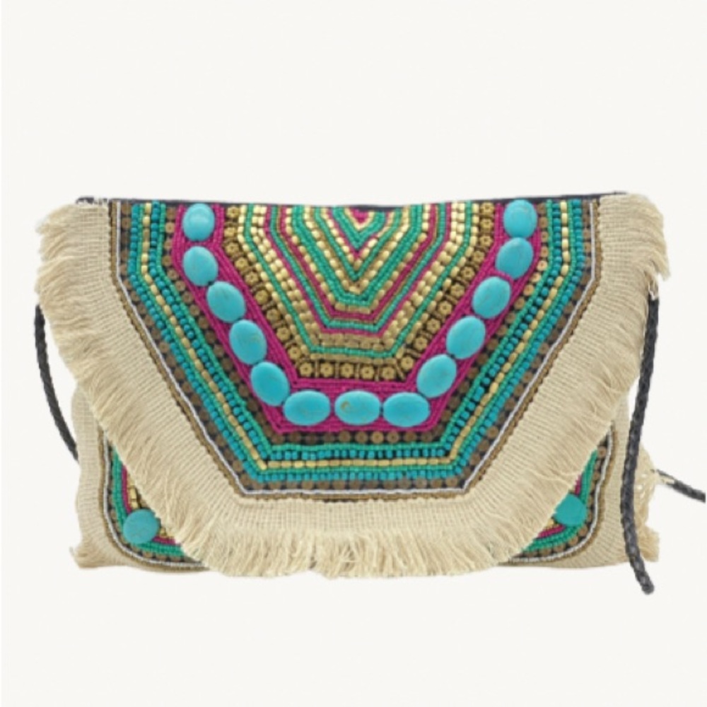Hippie Chic Clutch/ handbag, canvas with embroidery, charms and fringe